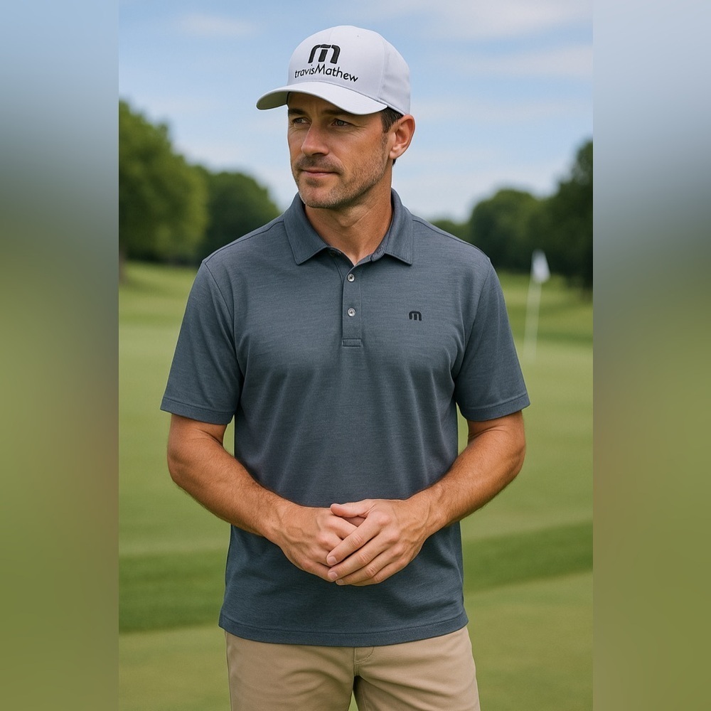 Travis Mathew Grey Striped Great The Zinna Polo Preppy Golf Rugby Mens Outdoor